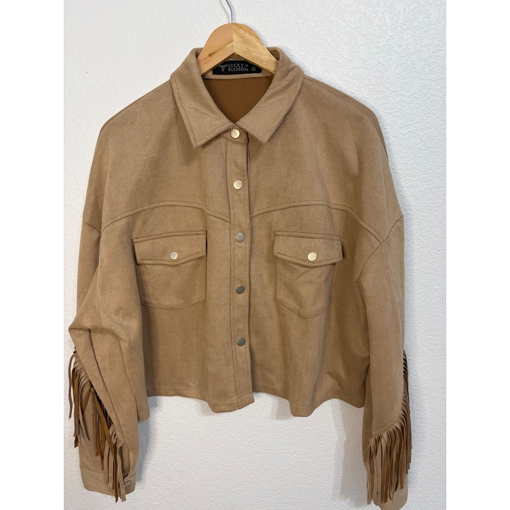 Lucky & Blessed Faux Suede Fringe Western Cropped Jacket Tan Camel 2XL Womens - Picture 2 of 5